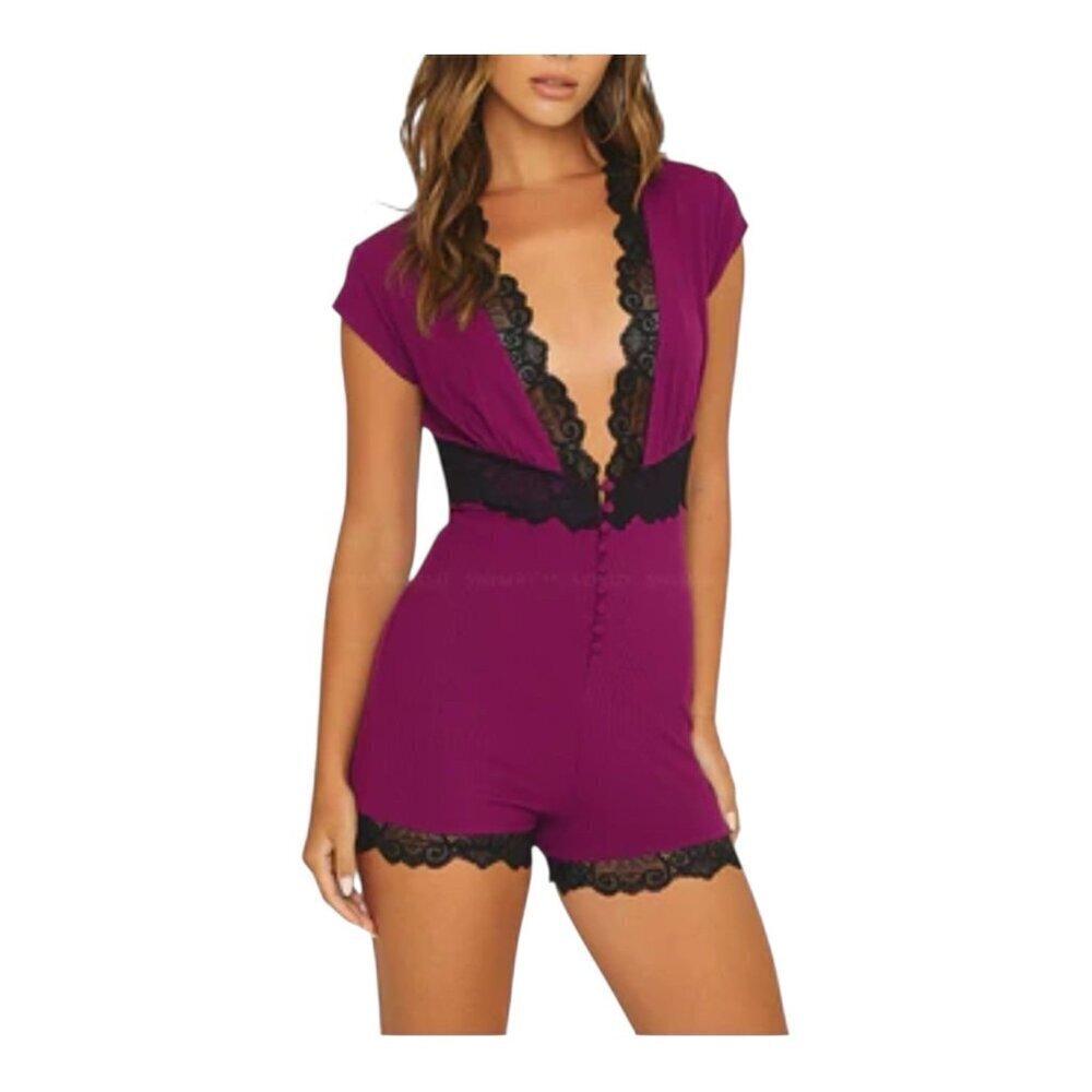 Beach Bunny Anise Romper Oxblood M Purple Loungewear Sleep Ribbed Lace Trim